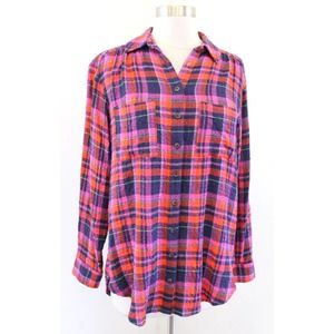 Pilcro Anthropologie Relaxed Button Down Shirt Blouse Size XS Plaid Pink Navy